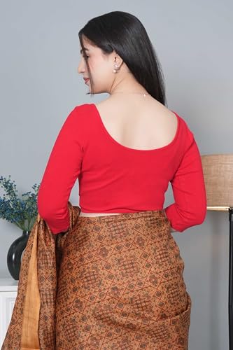 Image of Mlada V-Neck Stretchable Saree Blouse Top for Women | Slim Fit 3 /4th Sleeves Solid Cotton Blouses | Readymade Saree Blouses for Women Festive & Ethnic | Blouse Crop Top