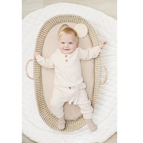 Image of Konssy 2 Pack Muslin Bassinet Sheets for Boys, Girls, 100% Cotton Soft Breathable Fitted Bassinet Mattress Sheet, 32 x 16 inches (Fog Green,Cream)
