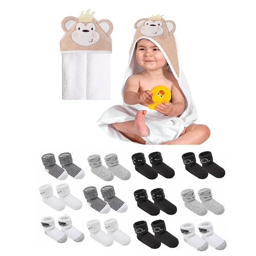 Image of Mother's Choice Bundle of Bliss: 12 Pairs Organic Cotton Baby Socks (0-6M) & 100% Cotton Monkey Hooded Baby Towel (33x33in) - Soft, Hypoallergenic, and Ultra Absorbent for Newborns and Infants. A for