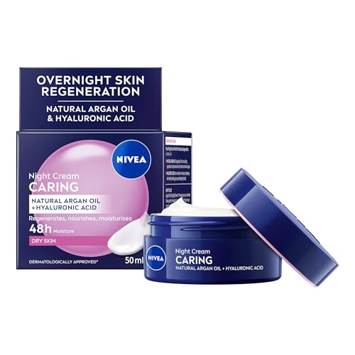 NIVEA Caring Night Face Cream (3 x 50ml) Rich Moisturiser for Sensitive & Dry Skin Nourishing Night Cream with Hyaluronic Acid and Argan Oil for 48H Moisture