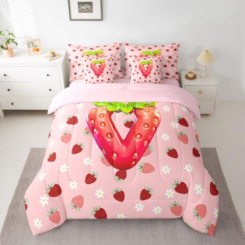 Image of Feelyou Girls Strawberry Full Comforter Set with Sheets for Kids Boys Girls Pink Strawberry 7 Pieces Bedding Set Initial Letter V Bed in a Bag Room Decor Soft Lightweight Microfiber