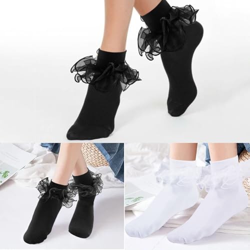 Image of Women Big Ruffle Ankle Socks Adult Double Lace Frilly Turn Cuff Dress Socks Cotton Cute Fancy Bobby Crew Socks