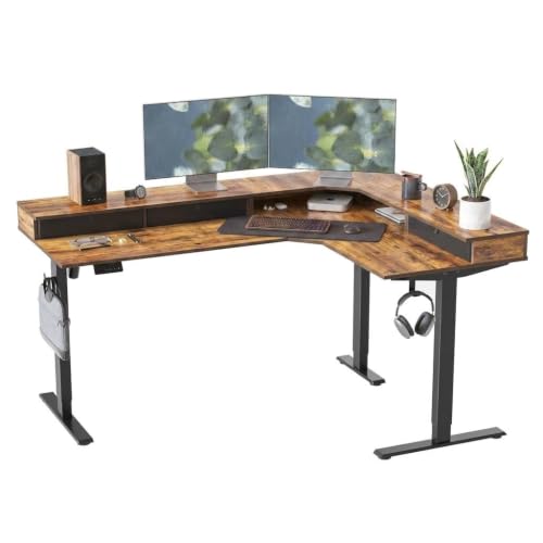 Image of CubiCubi 63x48 Inches L Shaped Standing Desk with 3 Drawers and Monitor Shelf, Height Adjustable Corner Computer Desk with Hooks, Sit Stand Up Ergonomic Home Office Workstation Table, Brown