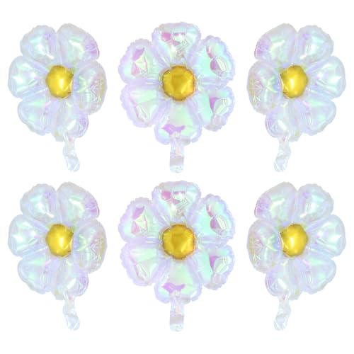 Image of Iridescent Crystal Daisy Flower Balloon, Lovely 6 Pack Transparent Rainbow Groovy Daisy Floral Balloons For Bridal Shower Wedding Birthday Baby Shower Gender Reveal Party Decoration Supplies