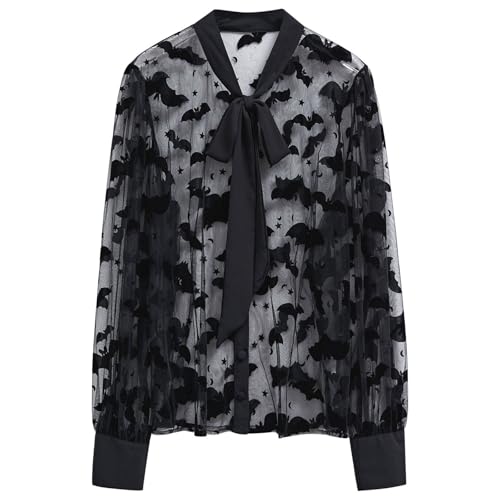 CHICWISH Women Mesh Tops Velvet Bats Printed Casual Shirt Self