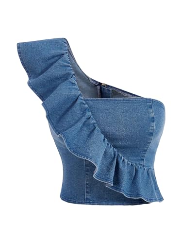 WDIRARA Women's Ruffle Trim One Shoulder Denim Top Asymmetrical Sleeveless Crop Tank Top