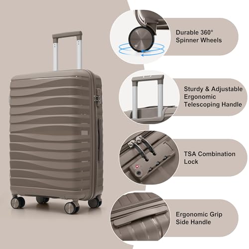 Image of Hardside Luggage Sets, Lightweight Wave Suitcase with Spinner Wheels, PP Brown