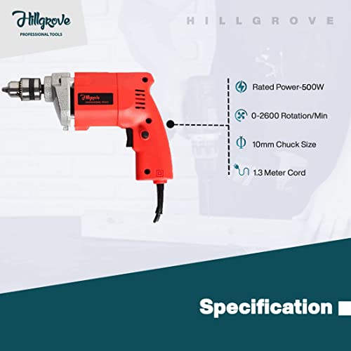 Image of Hillgrove HGCM1014M1 500W Power Drill Machine with 9Pcs All Type Drill Bits for Making Holes in Metal /Wood /Concrete Pistol Grip Drill (10 mm Chuck Size)