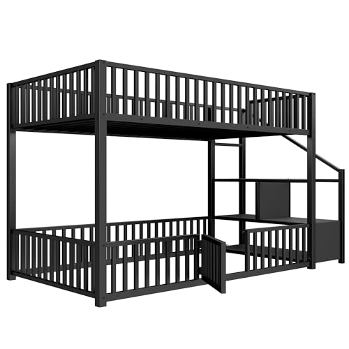 Image of Bellemave Metal Bunk beds Twin Over Twin with Guardrail and Storage Stairs, Floor bunk Bed with guardrail for Kids, Black