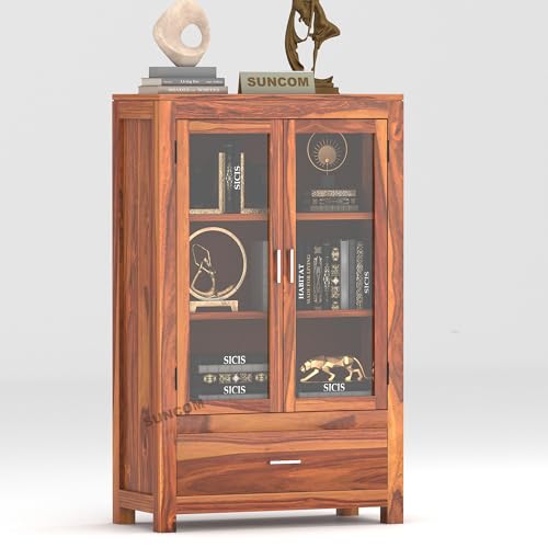 Image of SUNCOM Solid Sheesham Wood Sideboard Cabinet for Livingroom & Home Furniture - Wooden Cabinet with 2 Glass Doors & 1 Big Drawers for Storage - Designed to Display. Built to Store (Natural Finish)