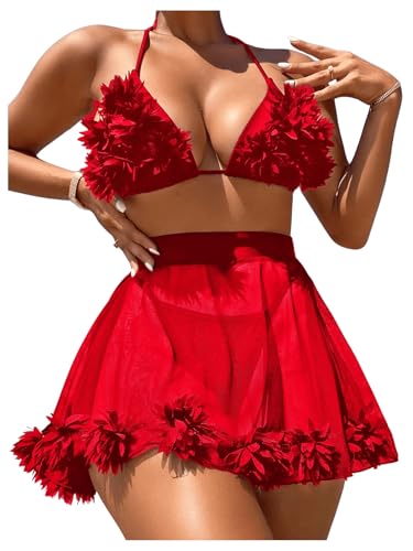 OYOANGLE Women's 3 Pieces Swimsuit Halter Triangle Bikini Swimsuit with Mesh Beach Skirt Cover Up