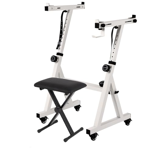 FAHKNS Piano Keyboard Stand and Bench, Z Style Portable and Adjustable Piano Stand with Headphone Bracket for 54-88 Key Electric Pianos, Piano Accessories with Bottom Wheel for Kids and Adults, White