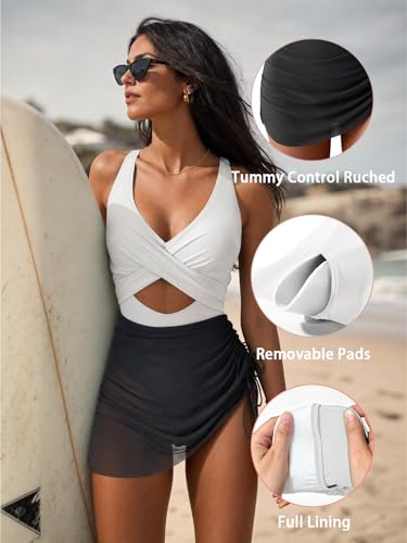 Image of B2prity Women Mesh One Piece Swimdress Swimsuit Tummy Control V Neck Cutout Bathing Suit Wrap Drawstring Sarong Swimwear