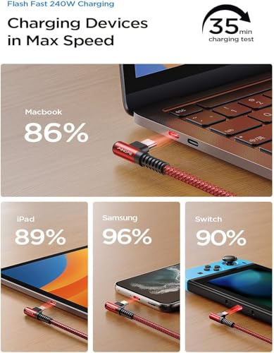 Image of AINOPE 240W Long USB C Cable 10 ft USB C Cable Fast Charging Type C Charger Right Angle Fit iPhone 16 15 Pro MacBook Max iPad Samsung 25 10FT Red