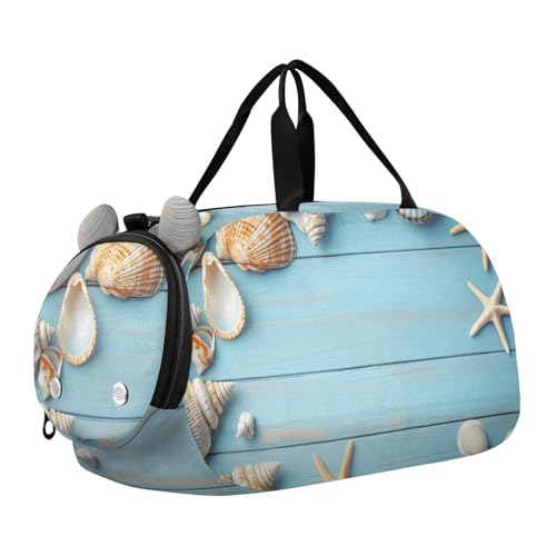 Kids Sports Duffel Bag for Boys & Girls - Beach Wooden Seashells Starfish 100% Polyester Gym Bag with Separate Shoe Compartment, Adjustable Shoulder Strap, Compact Travel & Workout Gear Bag