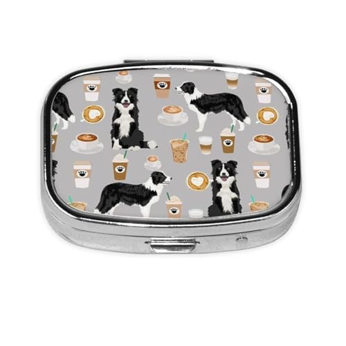 ボーダーコリーとコーヒーのプリントかわいい犬 金属携帯用ピルケース 飲み忘れ防止携帯型薬箱