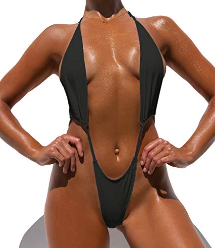 YAUASOPA Women's Sexy Scoop U Neck High Cut One Pice Swimsuit Backless Bathing Suit (Black, Medium)