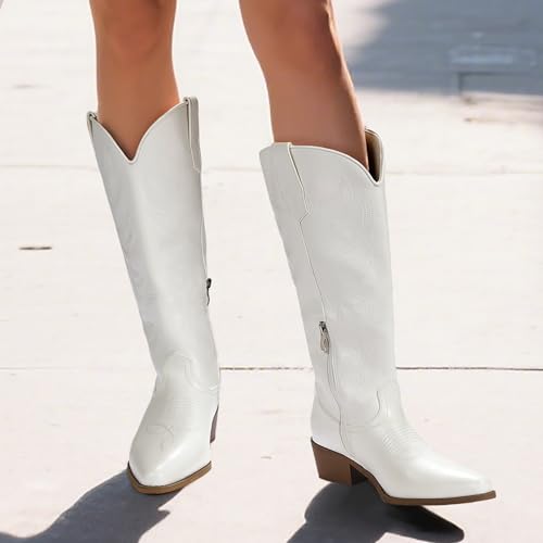 IDIFU IN2 Cowboy Boots for Women Knee High Cowgirl Western Boot Wide Calf Pointed Toe Embroidered Chunky Low Heel Country Boot with Side Zipper Comfortable Classic Retro Dress Boots3