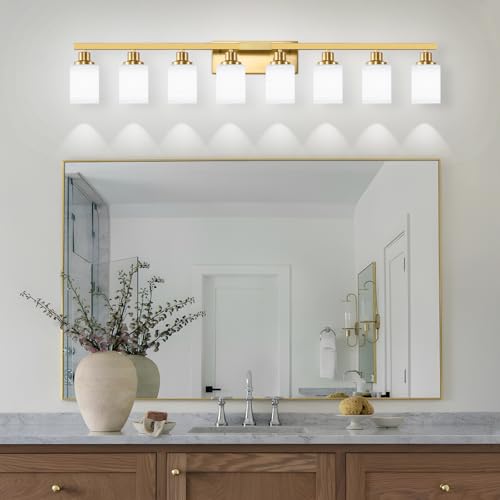 Image of 8-Light Gold Bathroom Light Fixtures Bathroom Vanity Light 52in | White Frosted Ribbed Glass Shade Modern Vanity Light over Mirror Gold Wall Lamp Sconces for Mirror Bedroom E26 Base