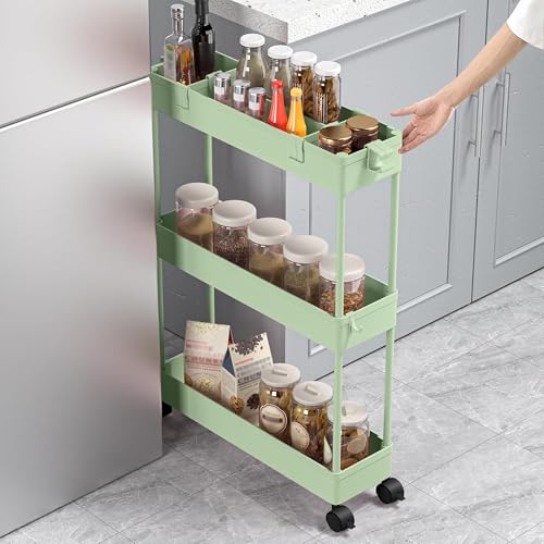 Image of SPACELEAD 2-piece Set Slim Storage Cart 3 Tier,Bathroom Organizer Rolling Utility,Mobile Shelving Unit Slide Out for Office, Kitchen, Laundry Room & Narrow Places