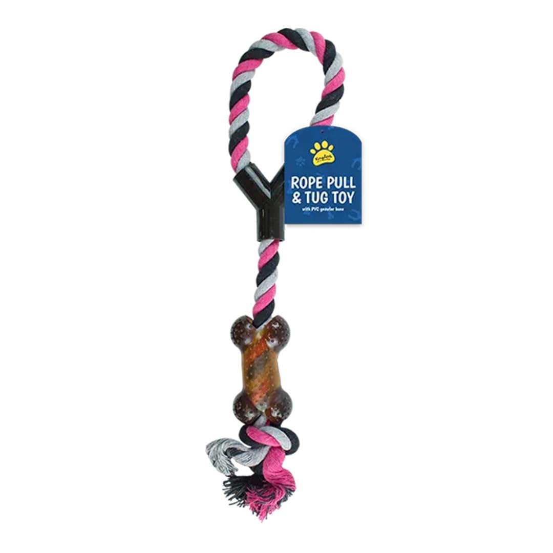 Gem Imports Pink & Black with Brown Rope Pull & Tug Dog Toy 37cm – Durable Knotted Cotton Tug Toy with PVC Bone