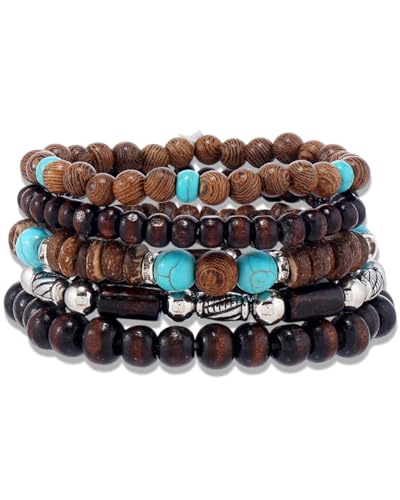 FUGLUS 5 Pièces Bracelets en Perles pour Hommes Vintage Élastiques Multicouches Bracelet en Perles de Bois 19 cm Détachables Bracelet Gothique Réglable pour Femmes et Hommes Cadeau - D