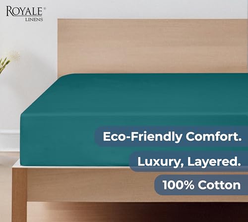 Image of Royale Linens 100% Organic Cotton Fitted Sheet - Percale Weave - Super Soft Deep Pocket Bottom Sheets - Elastic Sheet Twin Size - Twin Fitted Sheets Only - (39 inchx75 inch+15 inch, Teal)