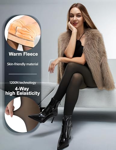 Image of KBVOT Fleece Lined Tights Women Sheer Warm Pantyhose Leggings Fake Translucent Thermal Winter Thick Tights for Dresses