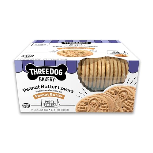 Three Dog Bakery Peanut Butter Lovers Dog Treats - Crunchy Sandwich Cookies with Creamy Peanut Butter Filling - (2 Pack) 28.8 oz