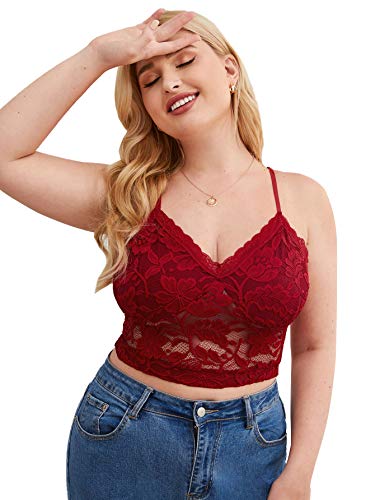 SheIn Women's Plus Size Floral Lace Longline Bralette V Neck Sleeveless Crop Cami Tops Burgundy XX-Large Plus
