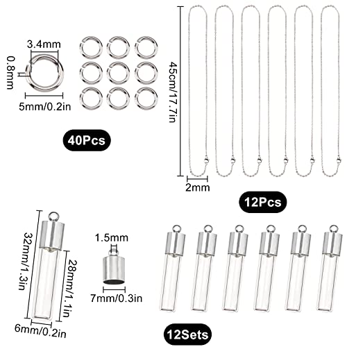 SUNNYCLUE 64Pcs DIY 12 Sets Vial Necklace Making Kit 6mm Dia. Hourglass Vial Pendants Handmade Clear Glass Memory Wish Bottle Charms for Jewelry Making Kits Stainless Steel Chain Christmas DIY Gifts