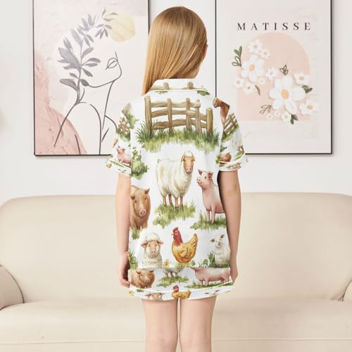 Satin Pajama Sets Short Sleeve Cute Farm Animals on Grass Button Down Silky Nightwear 2 Piece PJS 5-14Y4
