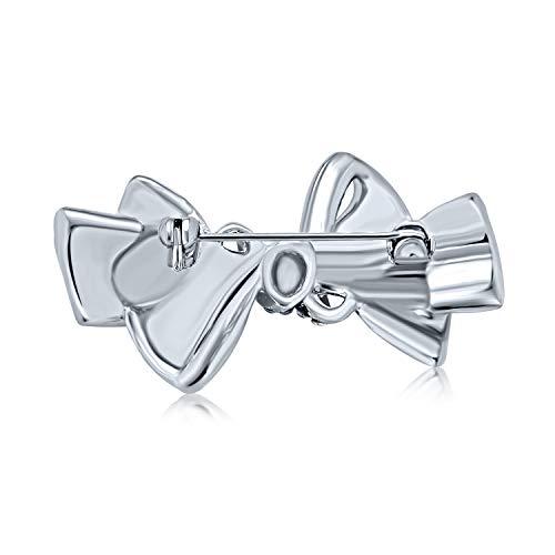 Image of Bling Jewelry Dainty Romantic Winter Wedding Holiday White Glittering Crystal Bridal Fashion Accent Ribbon Bow Brooch Pin For Women Silver Plated