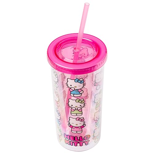 Image of Silver Buffalo Sanrio Hello Kitty Expressions Poses Plastic Cold Cup with Lid and Straw, 20 Ounces