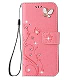 Galaxy Note 9 Handmade Case,Aulzaju Samsung Note 9 Luxury 3D Bling Rhinestone Soft Slim Flip Stand Wallet Cover for Note 9 Flower Butterfly PU Leather Diamond Case for Girls Women-Pink