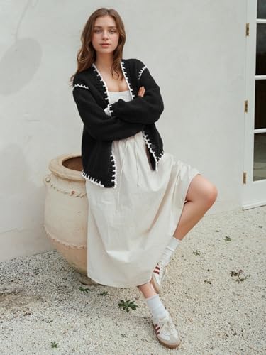 Image of YKR Chunky Knit Cardigan for Women Open Front Contrast Trim Sweaters Button Down Long Sleeve V-Neck Outerwear Coats