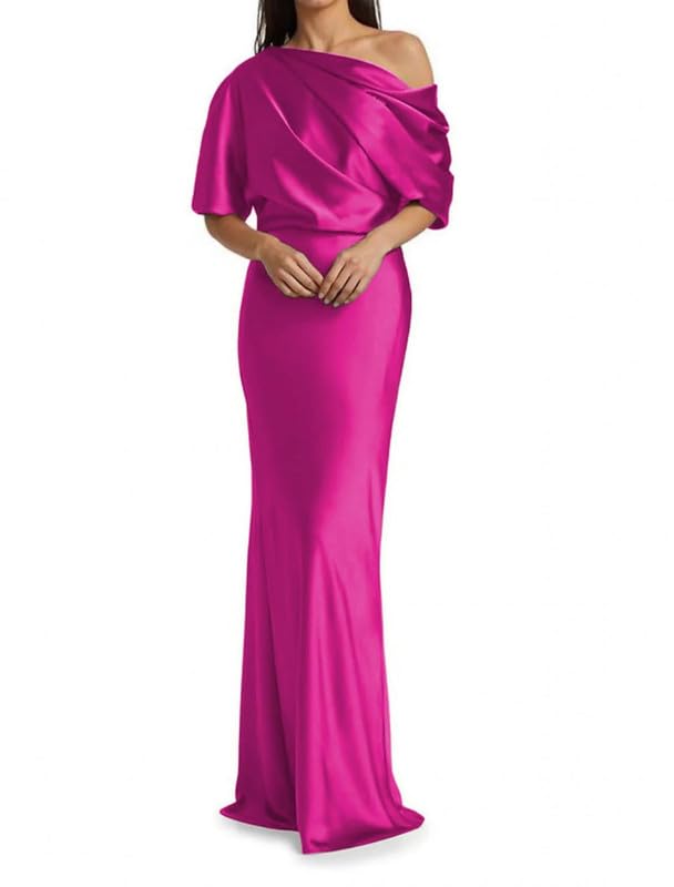 Image of Mermaid Satin Mother of The Bride Dresses for Women Ruched One Shoulder Formal Evening Gowns