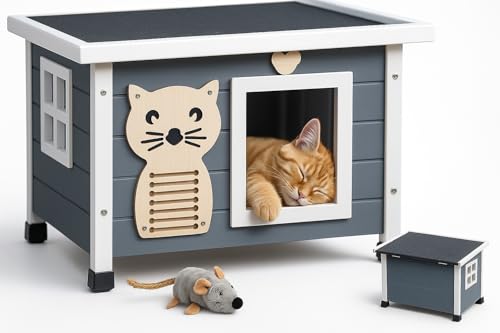 zooprinz Premium Holz Katzenhaus – Katzenkiste mit Dach zum Öffnen, Fenster und Schwingtür – Sisalband an der Katzenbox – Wetterfest für...