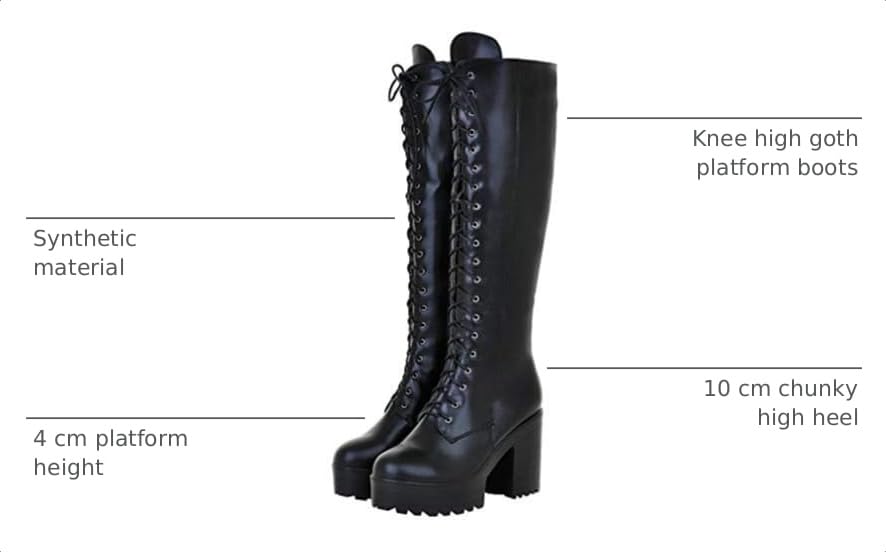 Image of Parisuit Women's Knee High Goth Platform Boots Lace Up Combat Boots | Chunky High Heel, Buckle Boots, Punk Chain Boots