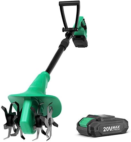 Kimo Cordless Tiller Cultivator, 20V 280RPM Electric Tiller, 7.8-in Wide & 5-in Depth Garden Cultivator W/24 Steel Tines, Electric Rototiller w/ Battery Extendable Pole for Lawn,Yard,Soil Cultivation