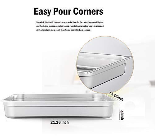 4" Deep Steam Table Pan Full Size, 14 Quart Stainless Steel Anti-Jam Standard Weight Hotel GN Food Pans - NSF (20.87"L x 12.8"W)