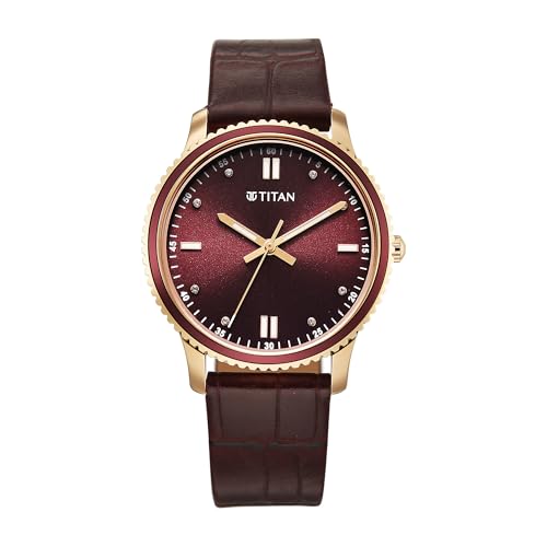 Image of Titan Purple Sports Fashion Quartz Maroon Dial Leather Strap Watch for Women