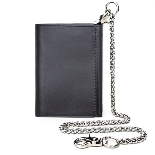 Image of boshiho Genuine Leather Bifold Chain Wallet for Men RFID Blocking | Heavy Duty Steel Anti-Theft Chain & 2 Zipper Coin Purse. Perfect for Bikers, Daily Commute, Gift for Dad /Husband