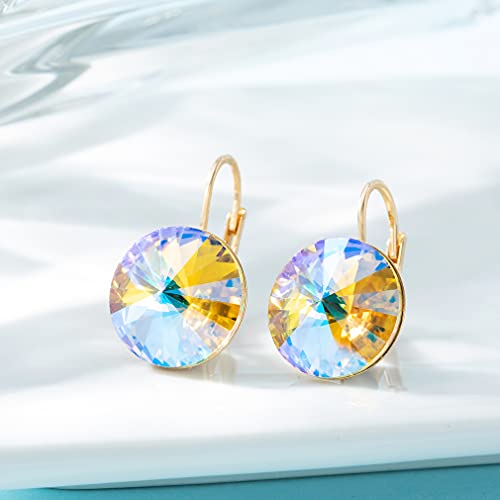 Austrian Crystal Round Drop Earrings for Women 14K Gold Plated Hypoallergenic Leverback Hoop Earrings (Dazzle Golden) - Image 7