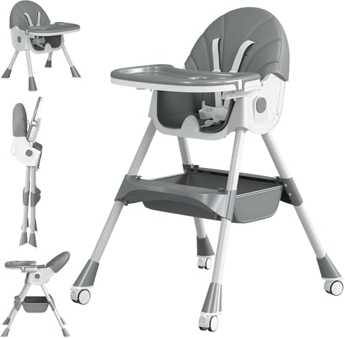 PTEROMYS Baby High Chair for Babies and Toddlers with 360 Degree Rotatable Wheels 6 in 1/3 in 1 Foldable and Portable Children's Highchair Suitable for Babies of All Ages to Grow Up (Grey)