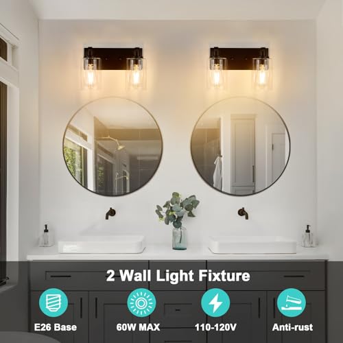 Image of 2-Light Bathroom Light Fixtures Modern ORB Vanity Lights | Easy to Install Clear Glass Shades, Wall Mount Up or Down, E26 Socket, Hardwired, 120V