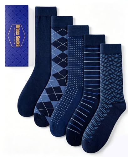 ZhiNuSi Mens Dress Socks Classic Patterned Business Crew Cotton Socks for Father Husband Birthday Gifts Navy Blue 5 Pairs