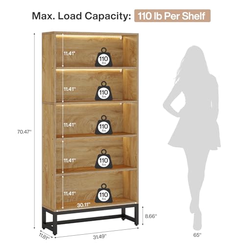 Image of Tribesigns Tall Bookcase and Bookshelf, 70.8 inch Large Bookcases Organizer with LED Lights, Heavy Duty Free-Standing Library Bookshelf with 5-Tier Storage Shelves for Living Room, Bedroom (Brown)