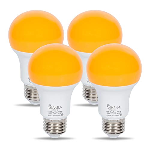 Simba Lighting LED Bug Repelling Yellow Bulb 6W 40W Equivalent, Great for Outdoor Porch Light, Night Light, Dusk-to-Dawn Smart Sensor Auto On/Off, Amber Warm 2000K, A19 E26 Medium Base, Pack of 4