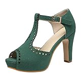 getmorebeauty Women's Green Vintage Suede Ankle T Straps Dress Block Heeled Sandals Pumps (US 6, Green)